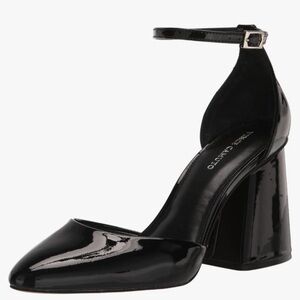 NWOB Vince Camuto Addilenz Black Patent Leather Chunky Heel Ankle Wrap Pump